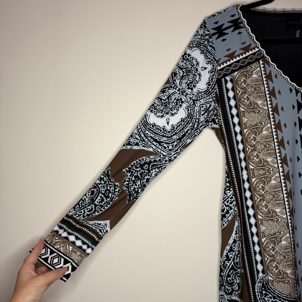 HALE BOB Designer Blue Bohemian Aztec Paisley Printed Longsleeve Midi Dress - Picture 4 of 11